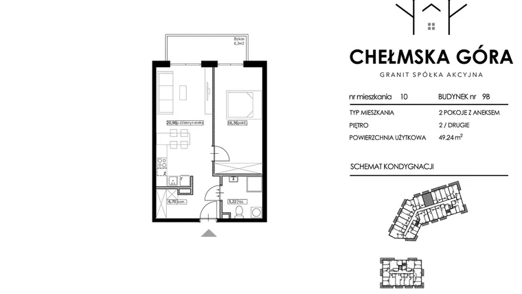 Rzut - Mieszkanie na sprzedaż 2 pokoje o powierzchni 49,24 m² - numer C-9B-M10 w Chełmska Góra