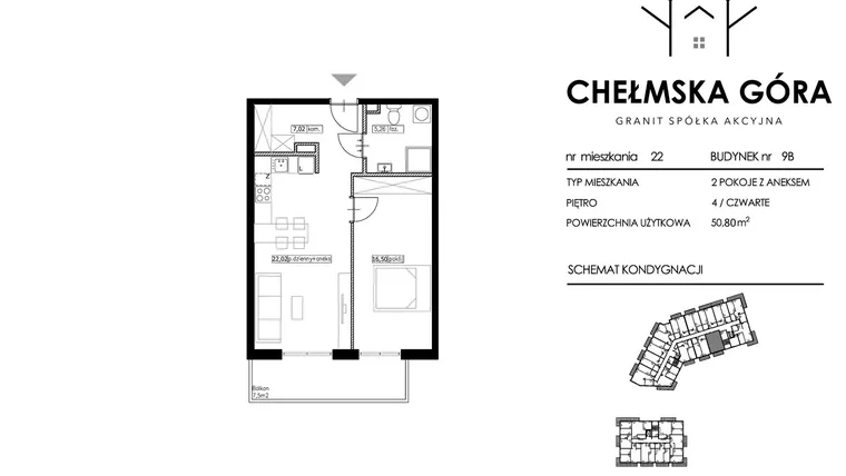 Rzut - Mieszkanie na sprzedaż 2 pokoje o powierzchni 50,8 m² - numer C-9B-M22 w Chełmska Góra
