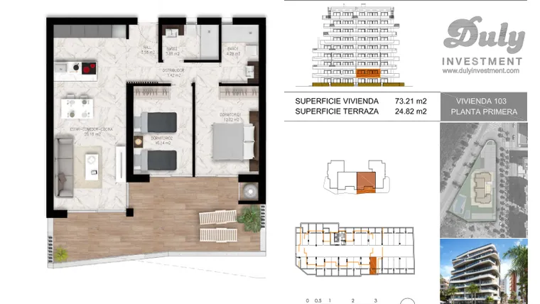 Rzut - Mieszkanie na sprzedaż 2 pokoje o powierzchni 73,21 m² - numer 103 w Amanecer de Luxe Las Dunes - Guardamar