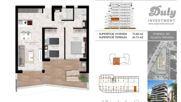 Rzut - Mieszkanie na sprzedaż 2 pokoje o powierzchni 73,88 m² - numer 302 w Amanecer de Luxe Las Dunes - Guardamar