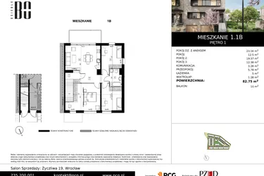 Rzut - Mieszkanie na sprzedaż 4 pokoje o powierzchni 82,95 m² - numer 1.1B w Osiedle Bo