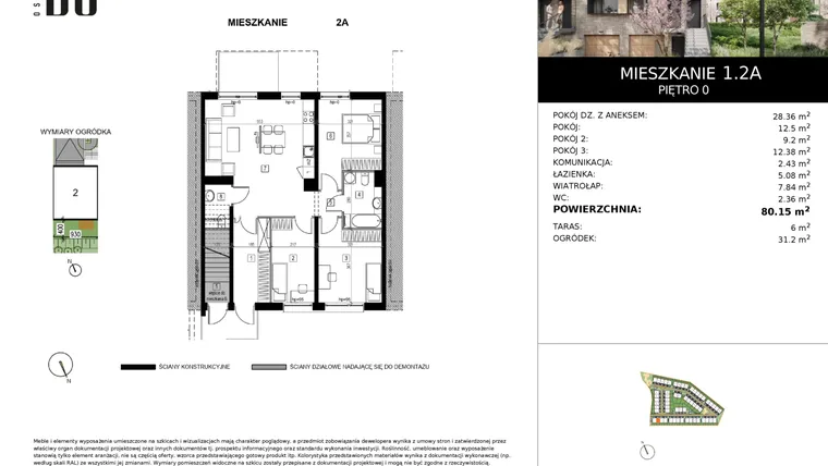 Rzut - Mieszkanie na sprzedaż 4 pokoje o powierzchni 79,89 m² - numer 1.2A w Osiedle Bo