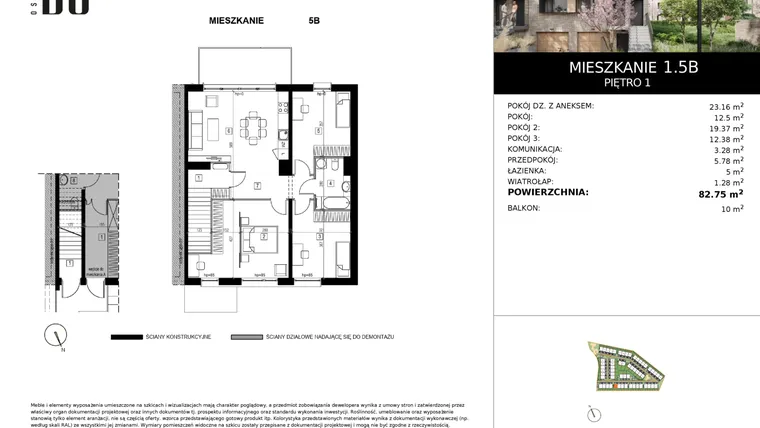 Rzut - Mieszkanie na sprzedaż 4 pokoje o powierzchni 82,64 m² - numer 1.5B w Osiedle Bo