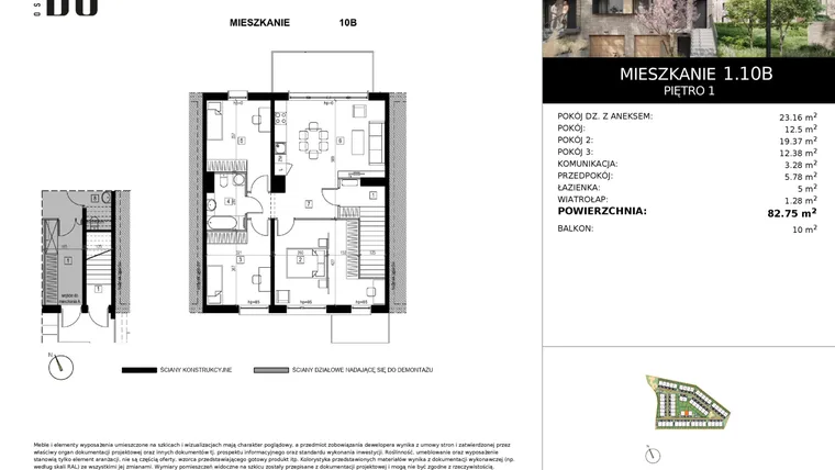 Rzut - Mieszkanie na sprzedaż 4 pokoje o powierzchni 82,62 m² - numer 1.10B w Osiedle Bo