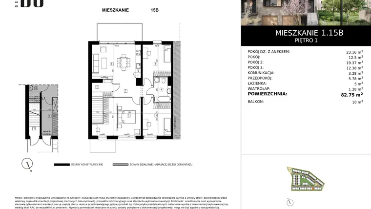 Rzut - Mieszkanie na sprzedaż 4 pokoje o powierzchni 82,63 m² - numer 1.15B w Osiedle Bo