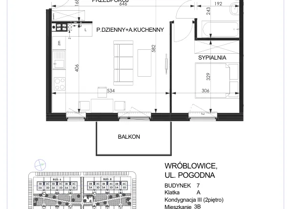Rzut - Mieszkanie na sprzedaż 2 pokoje o powierzchni 47,34 m² - numer 7A - 3B w Zielona Lutynia