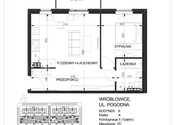 Rzut - Mieszkanie na sprzedaż 2 pokoje o powierzchni 46,68 m² - numer 6A - 2C w Zielona Lutynia