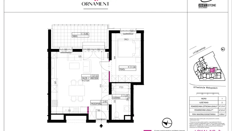 Rzut - Mieszkanie na sprzedaż 2 pokoje o powierzchni 47,31 m² - numer 2 w Ornament