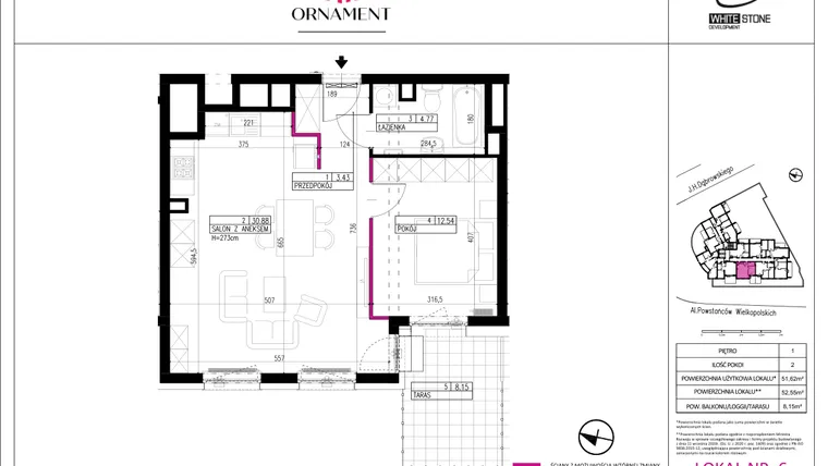 Rzut - Mieszkanie na sprzedaż 2 pokoje o powierzchni 51,62 m² - numer 6 w Ornament