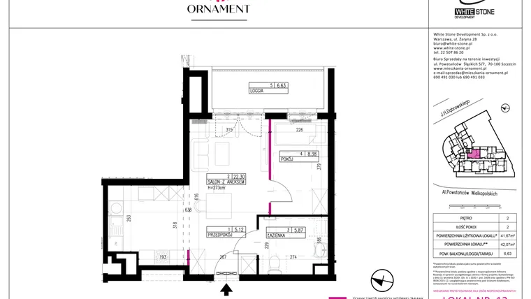 Rzut - Mieszkanie na sprzedaż 2 pokoje o powierzchni 41,67 m² - numer 12 w Ornament