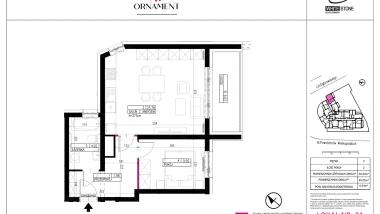 Rzut - Mieszkanie na sprzedaż 2 pokoje o powierzchni 48,6 m² - numer 21 w Ornament