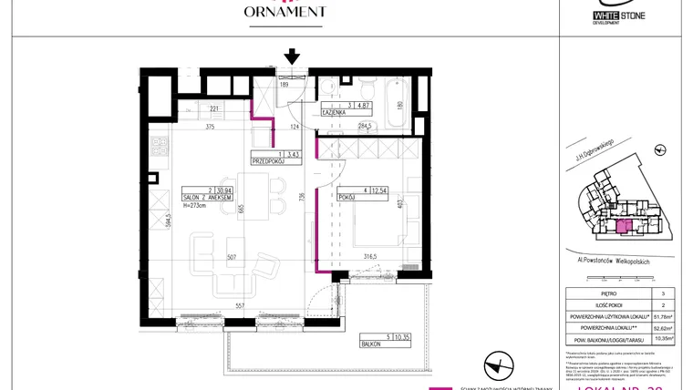 Rzut - Mieszkanie na sprzedaż 2 pokoje o powierzchni 51,78 m² - numer 28 w Ornament