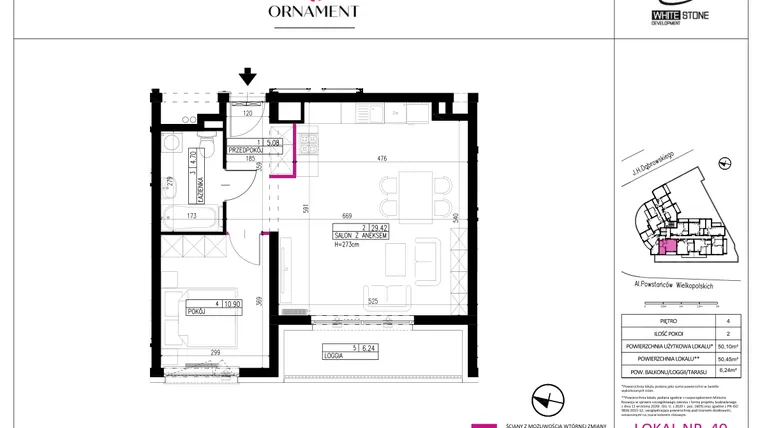 Rzut - Mieszkanie na sprzedaż 2 pokoje o powierzchni 50,1 m² - numer 40 w Ornament