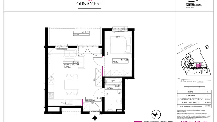 Rzut - Mieszkanie na sprzedaż 2 pokoje o powierzchni 47,4 m² - numer 46 w Ornament