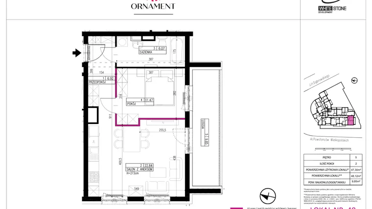 Rzut - Mieszkanie na sprzedaż 2 pokoje o powierzchni 47,3 m² - numer 48 w Ornament