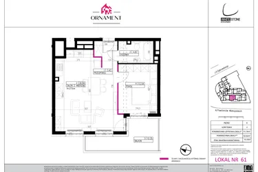 Rzut - Mieszkanie na sprzedaż 2 pokoje o powierzchni 51,78 m² - numer 61 w Ornament
