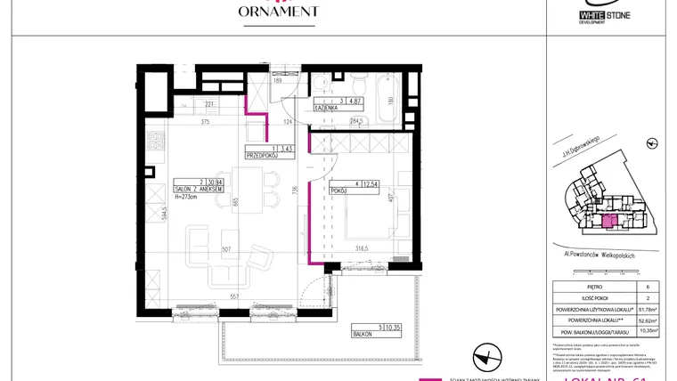 Rzut - Mieszkanie na sprzedaż 2 pokoje o powierzchni 51,78 m² - numer 61 w Ornament
