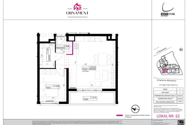 Rzut - Mieszkanie na sprzedaż 2 pokoje o powierzchni 50,09 m² - numer 62 w Ornament