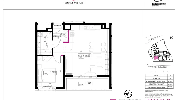 Rzut - Mieszkanie na sprzedaż 2 pokoje o powierzchni 50,09 m² - numer 62 w Ornament