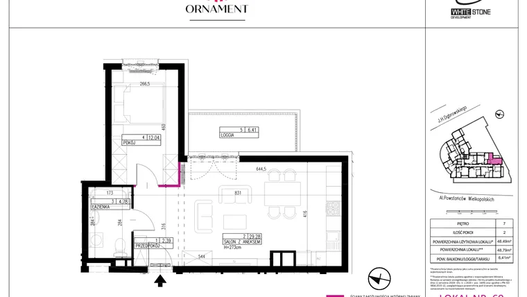 Rzut - Mieszkanie na sprzedaż 2 pokoje o powierzchni 48,49 m² - numer 69 w Ornament