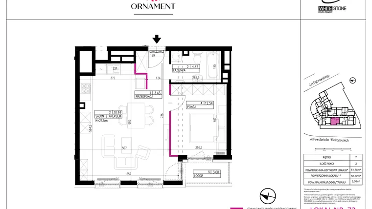 Rzut - Mieszkanie na sprzedaż 2 pokoje o powierzchni 51,78 m² - numer 72 w Ornament