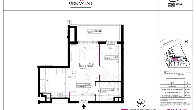 Rzut - Mieszkanie na sprzedaż 2 pokoje o powierzchni 41,58 m² - numer 78 w Ornament