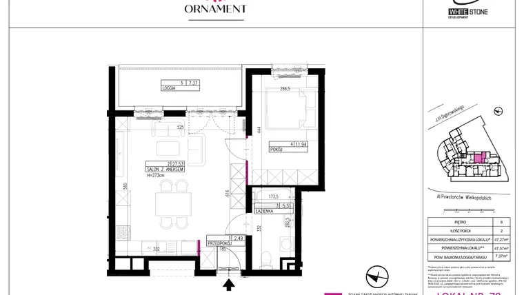 Rzut - Mieszkanie na sprzedaż 2 pokoje o powierzchni 47,27 m² - numer 79 w Ornament