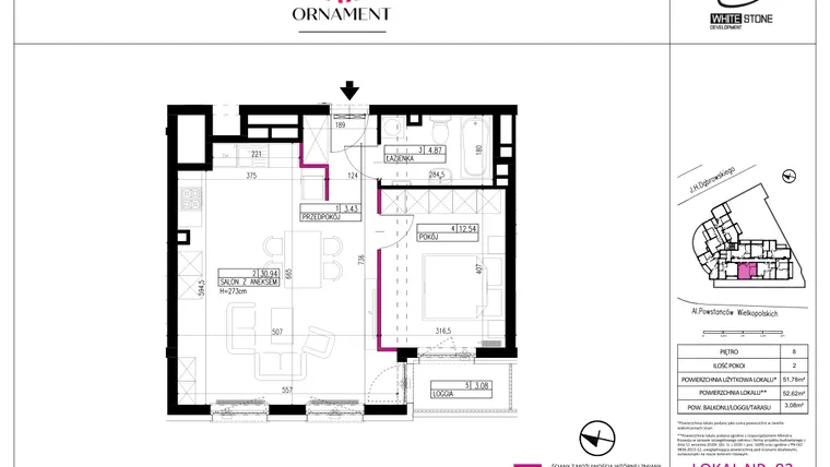 Rzut - Mieszkanie na sprzedaż 2 pokoje o powierzchni 51,78 m² - numer 83 w Ornament