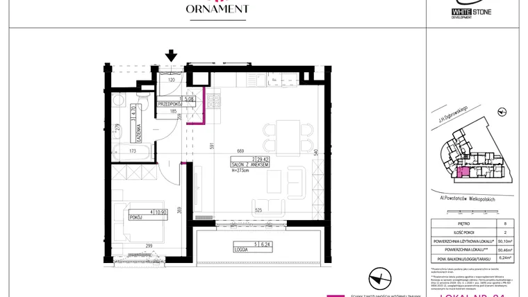 Rzut - Mieszkanie na sprzedaż 2 pokoje o powierzchni 50,1 m² - numer 84 w Ornament