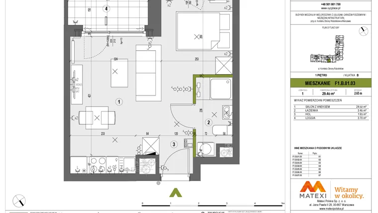 Rzut - Mieszkanie na sprzedaż 1 pokój o powierzchni 29,4 m² - numer F1.B.01.03 w XYZ Place