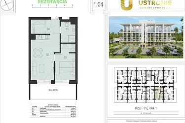Rzut - Mieszkanie na sprzedaż 2 pokoje o powierzchni 38,73 m² - numer 1.04 w Ustronie Supreme Apartments