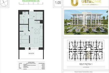 Rzut - Mieszkanie na sprzedaż 2 pokoje o powierzchni 34,38 m² - numer 1.05 w Ustronie Supreme Apartments