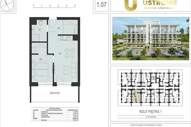 Rzut - Mieszkanie na sprzedaż 2 pokoje o powierzchni 39,29 m² - numer 1.07 w Ustronie Supreme Apartments