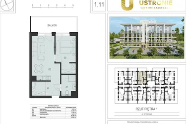 Rzut - Mieszkanie na sprzedaż 2 pokoje o powierzchni 39,21 m² - numer 1.11 w Ustronie Supreme Apartments