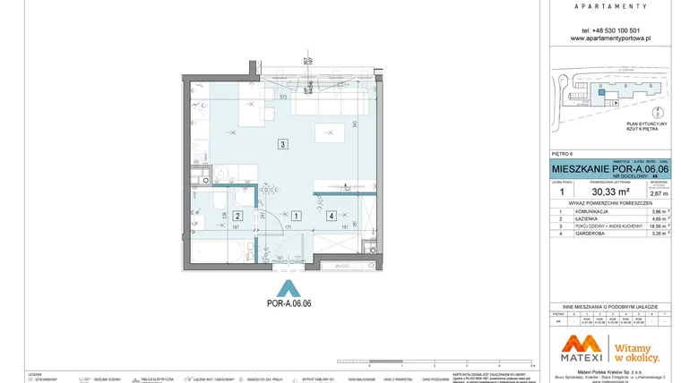 Rzut - Mieszkanie na sprzedaż 1 pokój o powierzchni 30,33 m² - numer POR-A.06.06 w Apartamenty Portowa