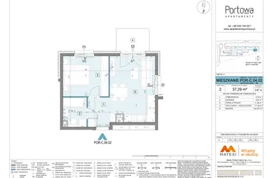 Rzut - Mieszkanie na sprzedaż 2 pokoje o powierzchni 37,29 m² - numer POR-C.04.02- wykończenie pod klucz w Apartamenty Portowa