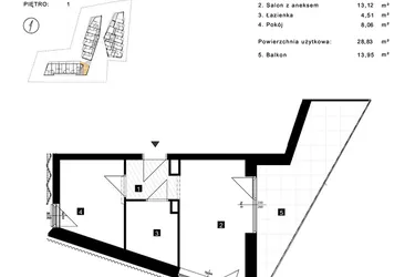 Rzut - Mieszkanie na sprzedaż 2 pokoje o powierzchni 28,83 m² - numer A.1.14 w Cisha Apartamenty Dziwnów