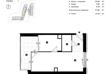 Rzut - Mieszkanie na sprzedaż 2 pokoje o powierzchni 37,68 m² - numer B.1.8 w Cisha Apartamenty Dziwnów