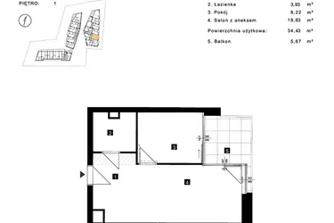 Rzut - Mieszkanie na sprzedaż 2 pokoje o powierzchni 34,43 m² - numer C.1.11 w Cisha Apartamenty Dziwnów