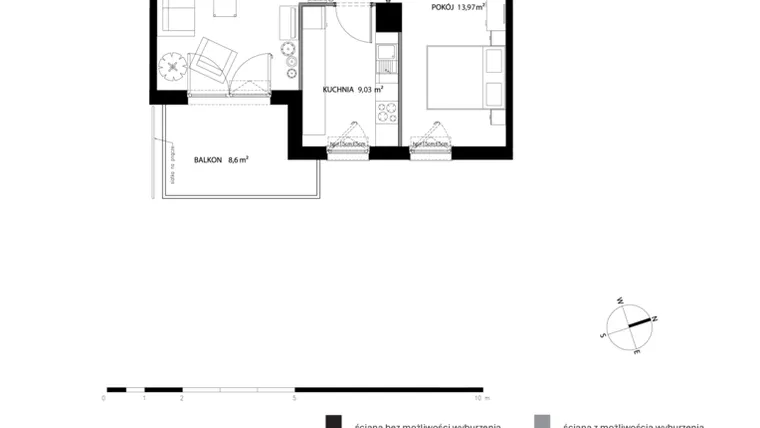 Rzut - Mieszkanie na sprzedaż 2 pokoje o powierzchni 56,57 m² - numer T245 w Nadmorski Dwór - bud. T1 i T2