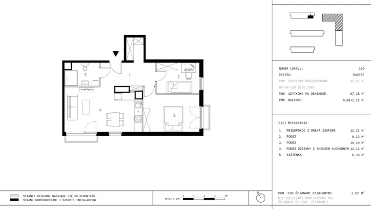 Rzut - Mieszkanie na sprzedaż 3 pokoje o powierzchni 67,38 m² - numer A12.0 w Wynalazek 3A