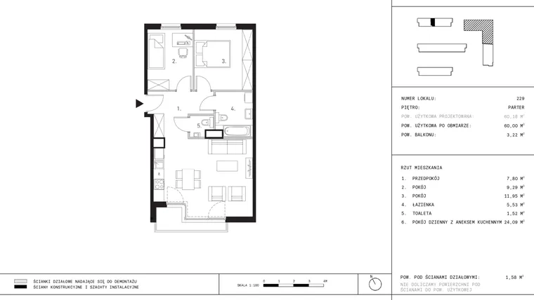 Rzut - Mieszkanie na sprzedaż 3 pokoje o powierzchni 60 m² - numer A4.0 w Wynalazek 3A