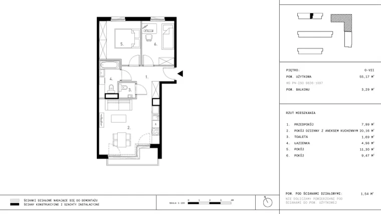 Rzut - Mieszkanie na sprzedaż 3 pokoje o powierzchni 55,14 m² - numer A5.0 w Wynalazek 3A