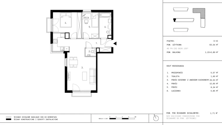 Rzut - Mieszkanie na sprzedaż 3 pokoje o powierzchni 63,54 m² - numer B1.0 w Wynalazek 3A