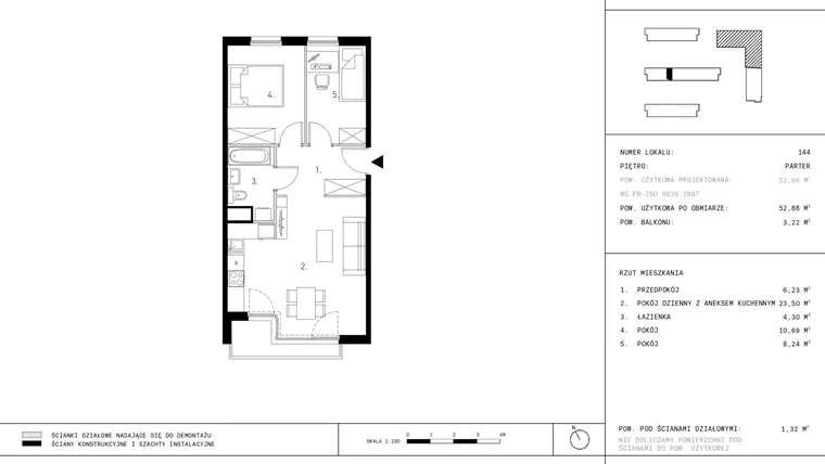 Rzut - Mieszkanie na sprzedaż 3 pokoje o powierzchni 52,88 m² - numer B4.0 w Wynalazek 3A