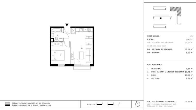 Rzut - Mieszkanie na sprzedaż 2 pokoje o powierzchni 37,07 m² - numer B5.0 w Wynalazek 3A