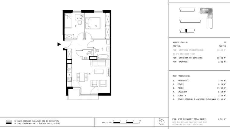 Rzut - Mieszkanie na sprzedaż 3 pokoje o powierzchni 60,21 m² - numer C4.0 w Wynalazek 3A