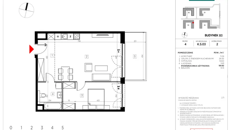 Rzut - Mieszkanie na sprzedaż 2 pokoje o powierzchni 56,82 m² - numer K.5.03 w CityFlow etap II