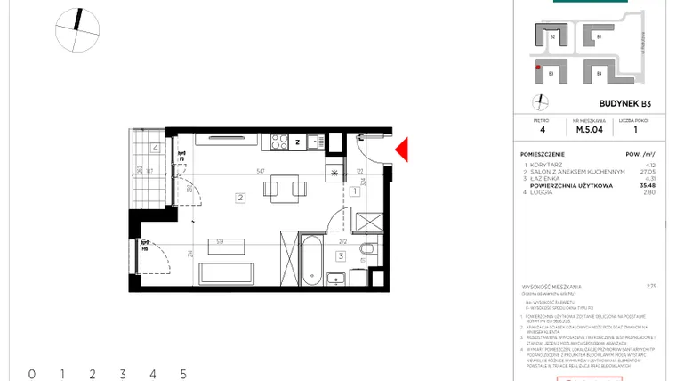 Rzut - Mieszkanie na sprzedaż 1 pokój o powierzchni 35,48 m² - numer M.5.04 w CityFlow etap II