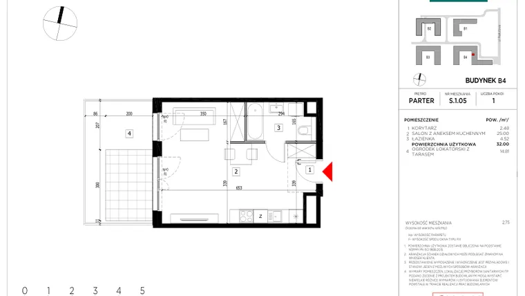 Rzut - Mieszkanie na sprzedaż 1 pokój o powierzchni 32 m² - numer S.1.05 w CityFlow etap II